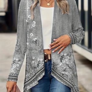 Spring And Autumn New Women's Top Printed Cardigan Casual Long Sleeve Light Jacket Gray