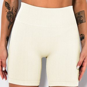 Yoga Shorts Ribbed Seamless Workout High Waist Athletic Leggings Suitable For Yoga Fitness, Workout Shorts Yoga Seamless Ribbed High Waisted Spandex Booty Biker Shorts